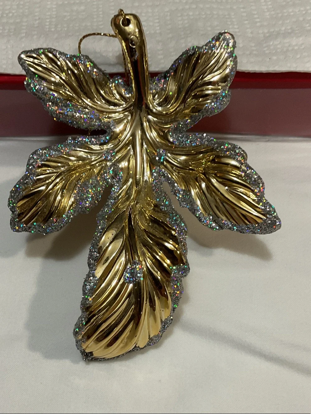 Gold Glitter Leaf Holiday Ornament - Decorative Hanging Accent
